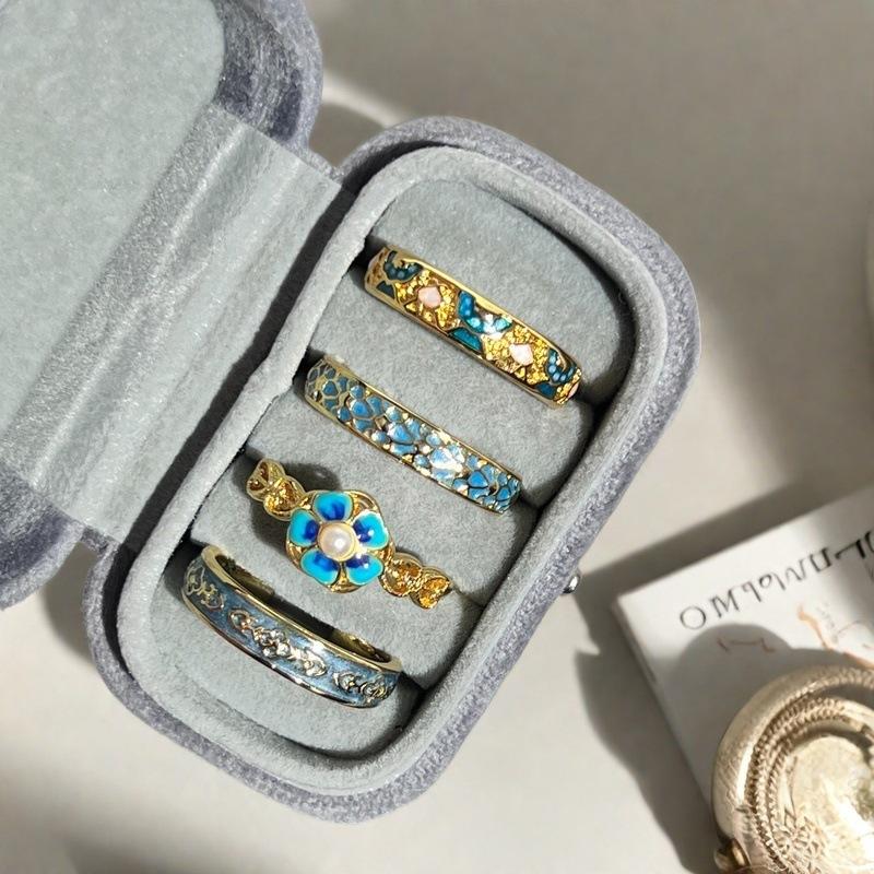 French Retro Enamel Dripping Open Ring, National Tide Texture Flower Niche Design Ring