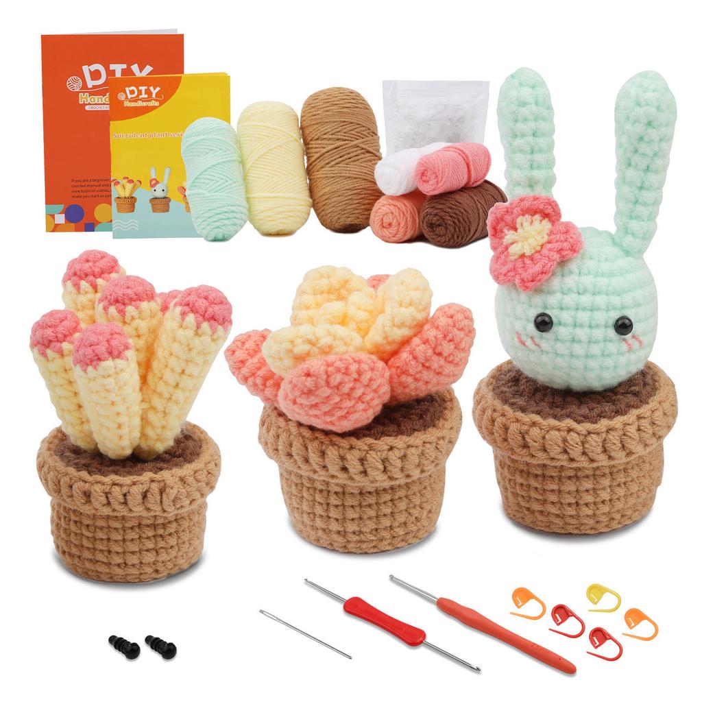 DIY Crochet Craft Set Crochet Potted Plant Kits with Crochet Hook, Yarns, Needle, Instructions, Accessories for Beginner