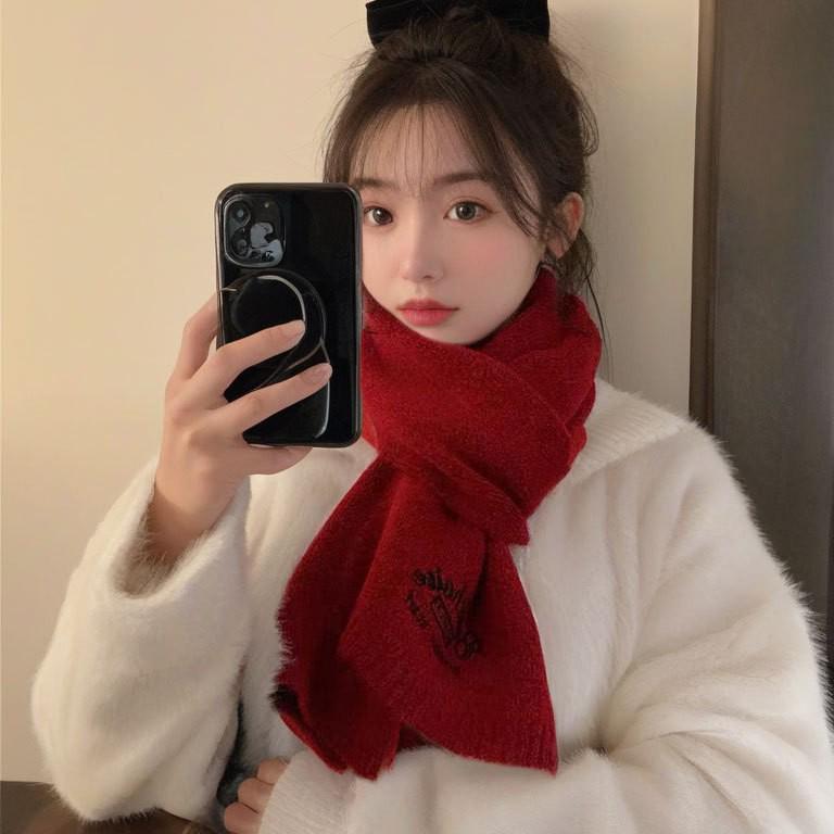 Korean Style Embroidered Cashmere Scarf - Women's Winter Warm Knitted Snood
