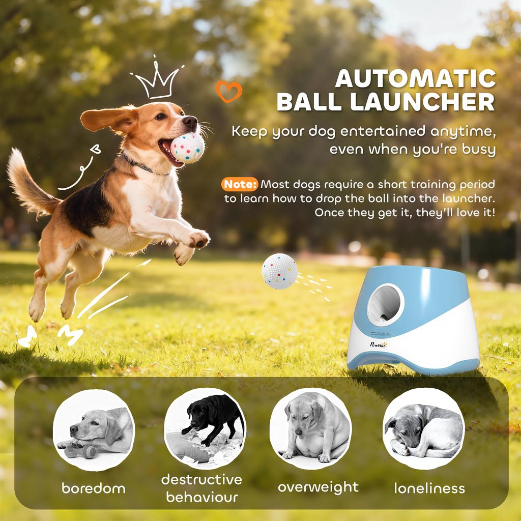 Automatic Dog Ball Launcher with 5 ETPU Balls 5.8 cm, 3 Distance Settings 6/10/14 m, Blue