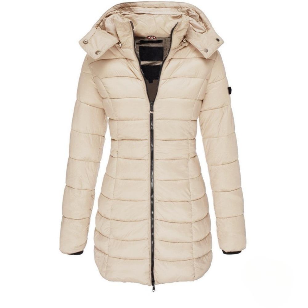 Women s Hooded Long Sleeve Mid Length Puffer Coat Slim Fit Solid Zip Up Warm Winter Cotton Jacket S хаки