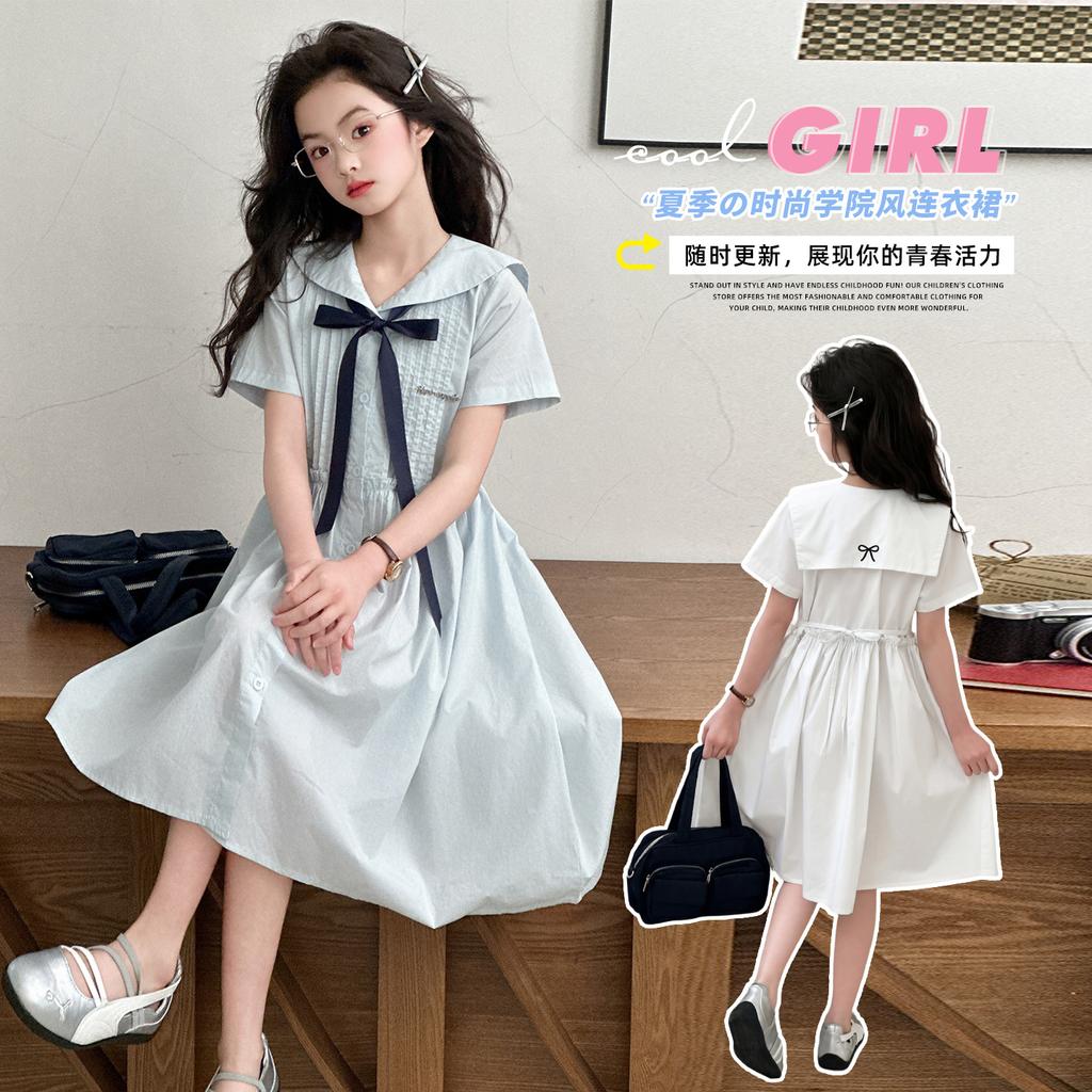 Girls' Korean version college style summer dress, new summer children's stylish navy collar bow dress