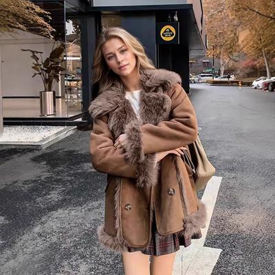 Women's Pink Faux Fur Trimmed Coat Winter Warm Double Breasted Jacket with Large Lapel