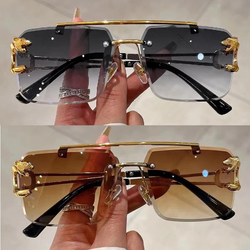 2 Pairs Per Set Rimless Square Sunglasses Fashion Vintage Double Bridge Gradient Shades Trendy Luxury Brand Design Sun Glasses