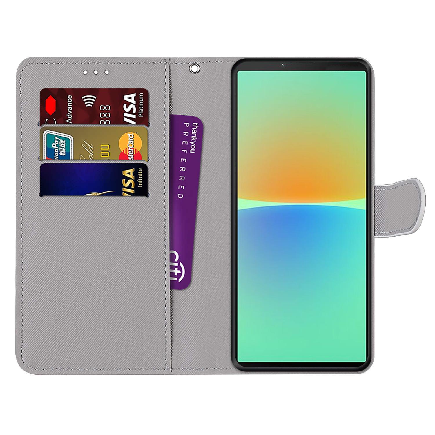

For Sony Xperia 10 IV 5G Pattern Printing Shockproof Phone Wallet Case PU Leather Stand Flip Phone Cover with Wrist Strap E