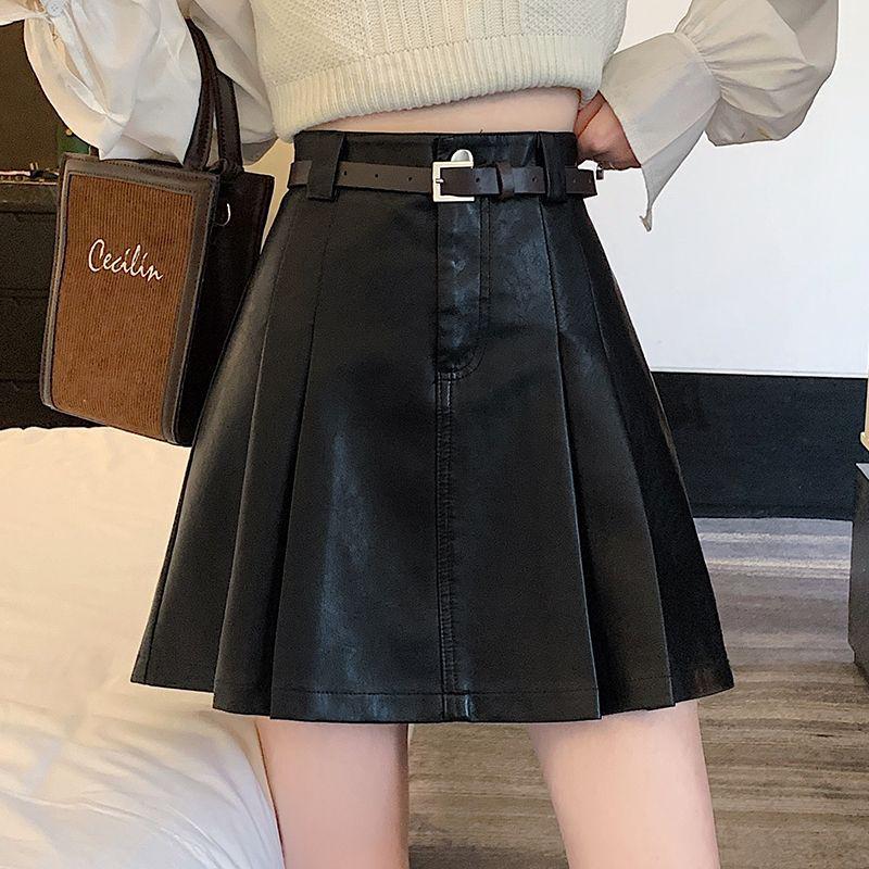 High-Waisted Black Leather A-Line Pleated Mini Skirt - Women's Spring/Autumn Fashion, Petite