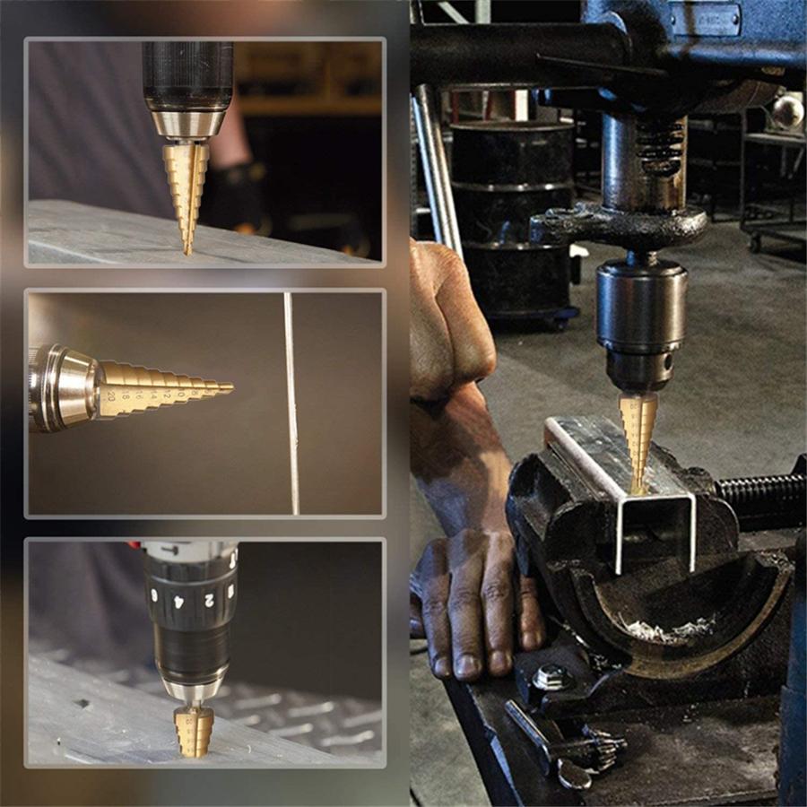 3Pcs HSS Sheet Metal Tools Drill 4-12/20/32mm Hex Titanium Step Cone Car Repair