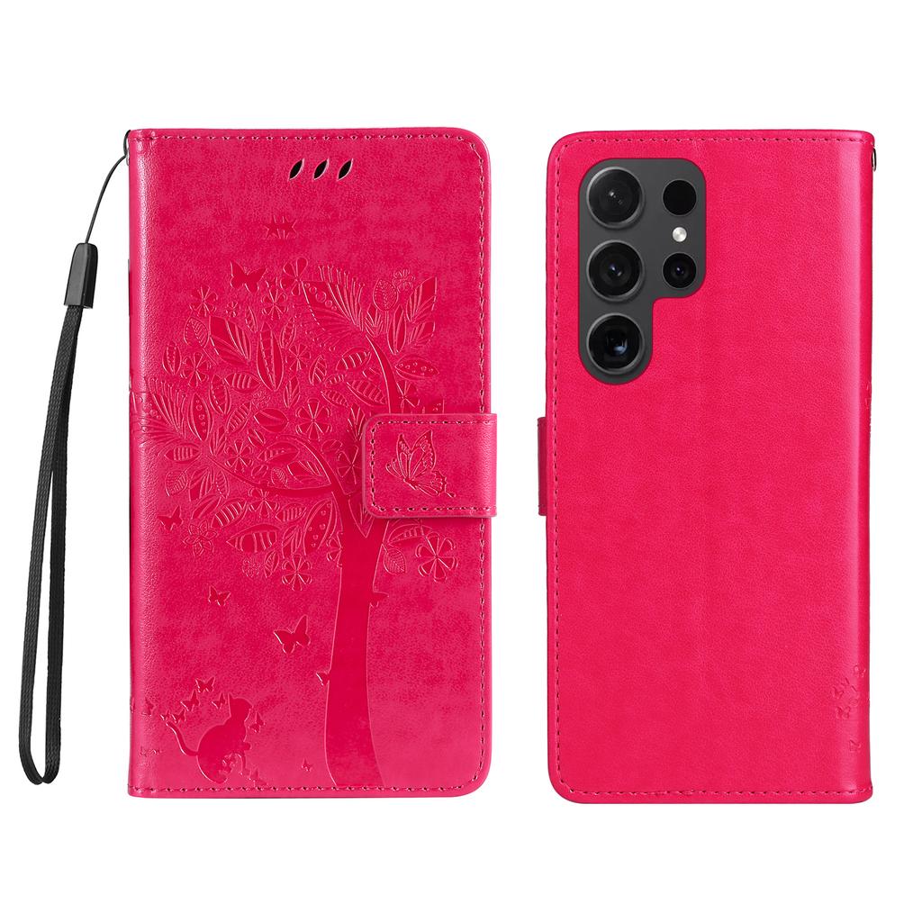 For Samsung Galaxy S24 Ultra Phone Case with Stand Cat Tree Pattern Leather Wallet Mobile Cover