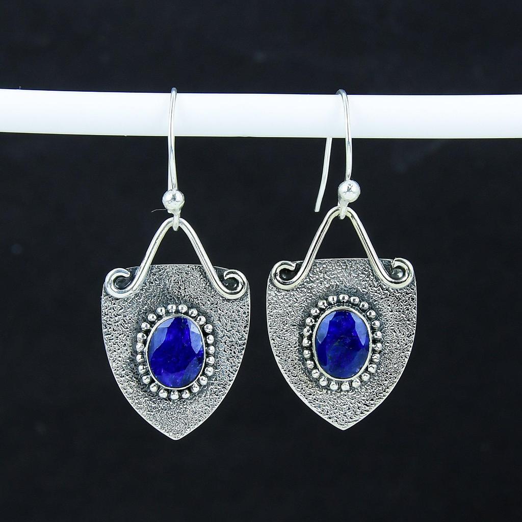 Lindos Brincos de Gema de Safira Azul, Brincos de Prata de Lei 925, Brincos Pendentes de Joalheria Boho Prateada Feitos à Mão, Presente de Páscoa