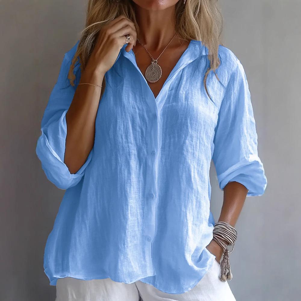 

Women s Casual V-Neck Button-Down Linen Shirt with Roll-Up Sleeves In White, Pink, Yellow, Blue XXL небо синє кольору