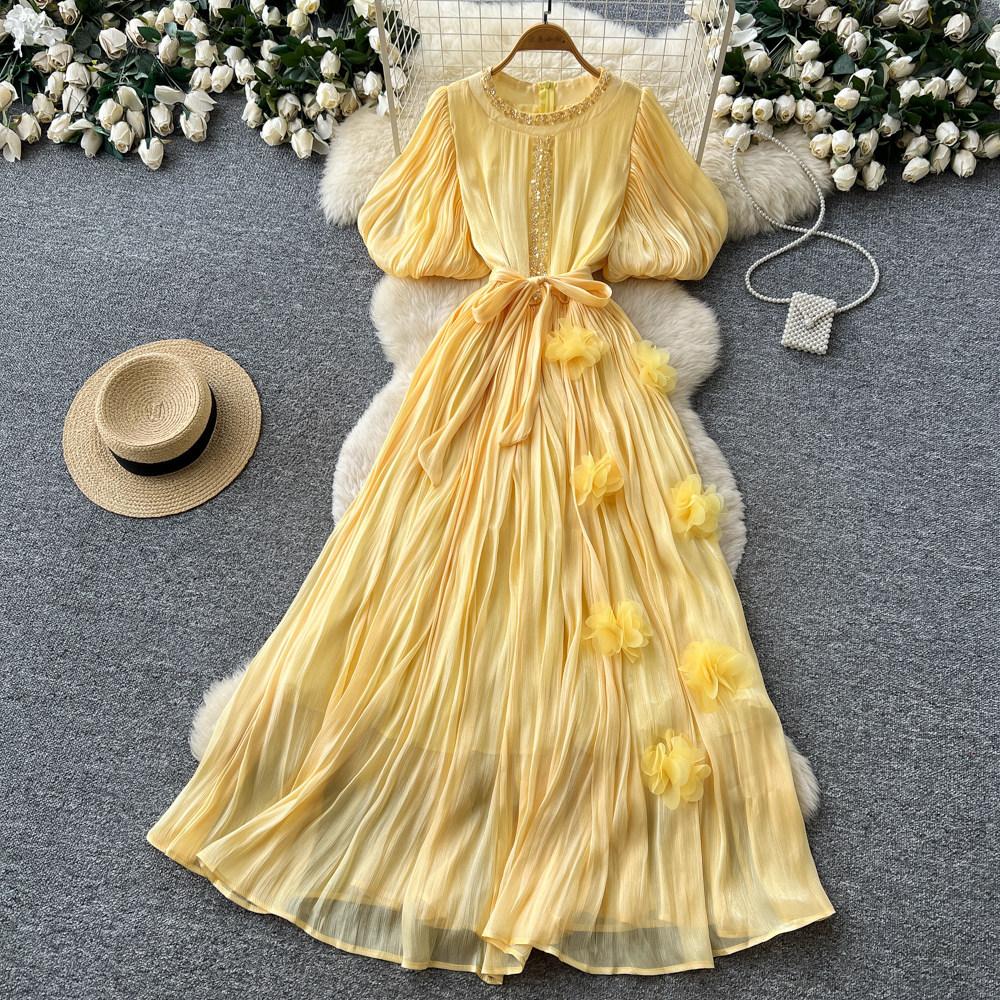 French Heavy Industry Diamond-encrusted Red Pleated Dress for Women's Summer Waist and Thin Temperament Thousand Gold Style Long Dress