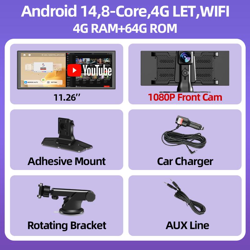 

11.26 inch 4G+64G Android 14 Car DVR 4G LTE WIFI Dash Cam Carplay Android Auto Dual Lens 1080P Recording Support Youtube Netflix 4G-64G
