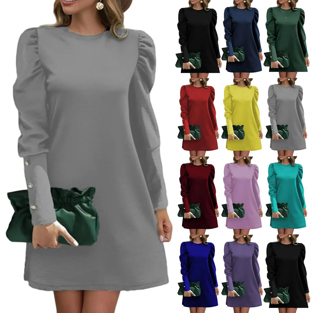 Women's Fashion Casual Solid Color Round Neck Bubble Sleeve Button Long Sleeve Dress