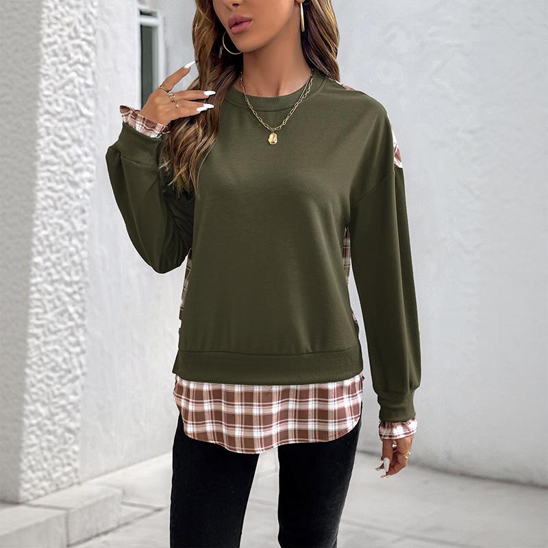 Autumn New Style Thin Checkered Patchwork Round-neck Pullover Hoodie for Women