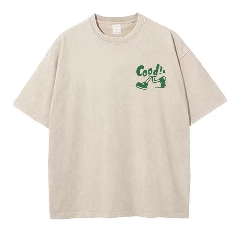 Unisex Sommer kurzärmlig g Gewicht gewaschen Retro Laufen Sport Muster Baumwollstoff reine Baumwolle locker T-Shirt