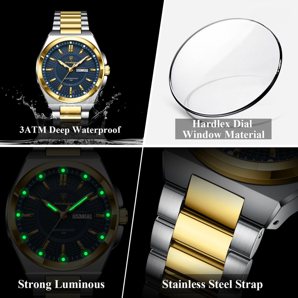 POEDAGAR Fashion Brand Men Wristwatch Stainless Steel Waterproof Luminous Male Watch Date Week Men's Watches Quartz Reloj Hombre