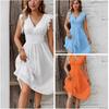 Women's Ruffle Sleeve Hollow Out Dress Elastic Waist V Neck Midi Sundress Casual Summer Party Dress