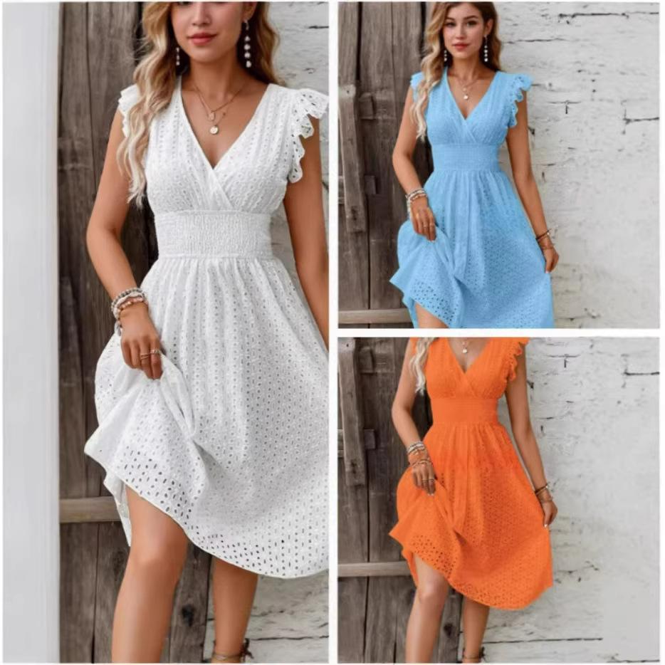 Women's Ruffle Sleeve Hollow Out Dress Elastic Waist V Neck Midi Sundress Casual Summer Party Dress