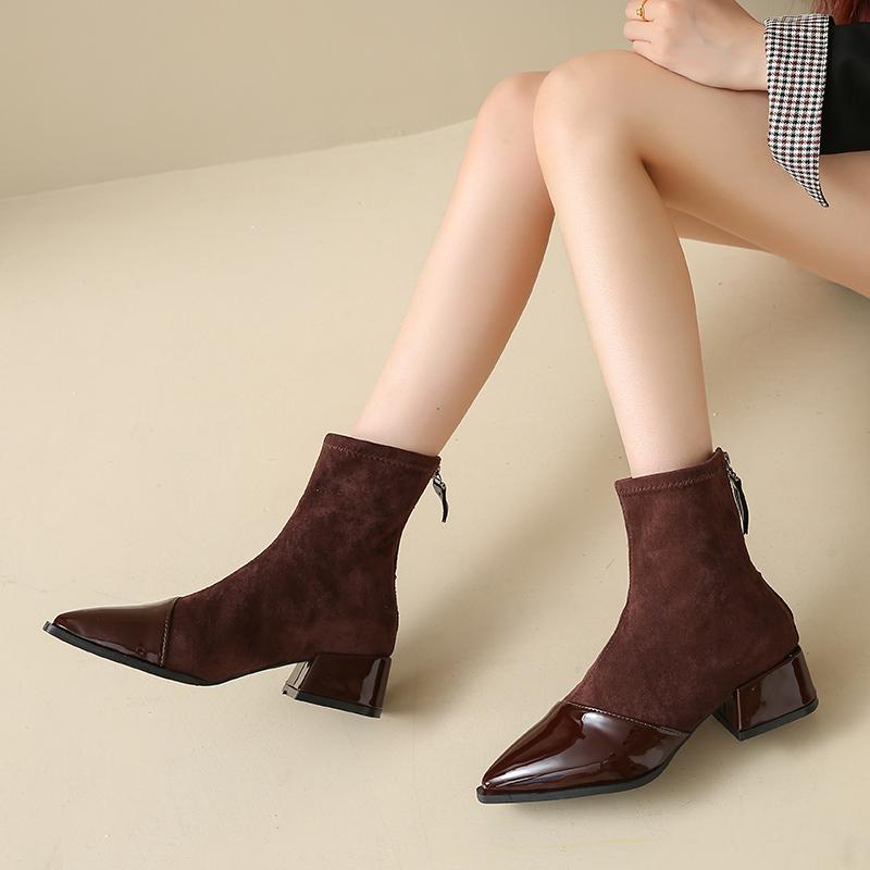 Fashion Winter New Coarse Heel Cotton Boots Women's Pointed Back Zipper Splicing Suede Anti-slip Wear-resistant Short Boots