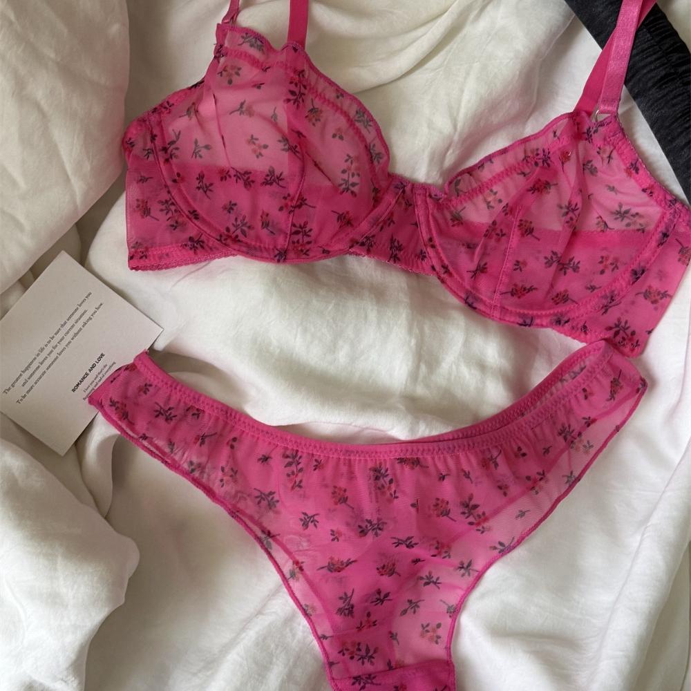 Conjunto de Lingerie Francês Ultra Fino Sexy Renda Estampas Florais Sutiã Moda Roupa Íntima Feminina Malha Respirável Intimidade Conjuntos de Sutiã e Tanga
