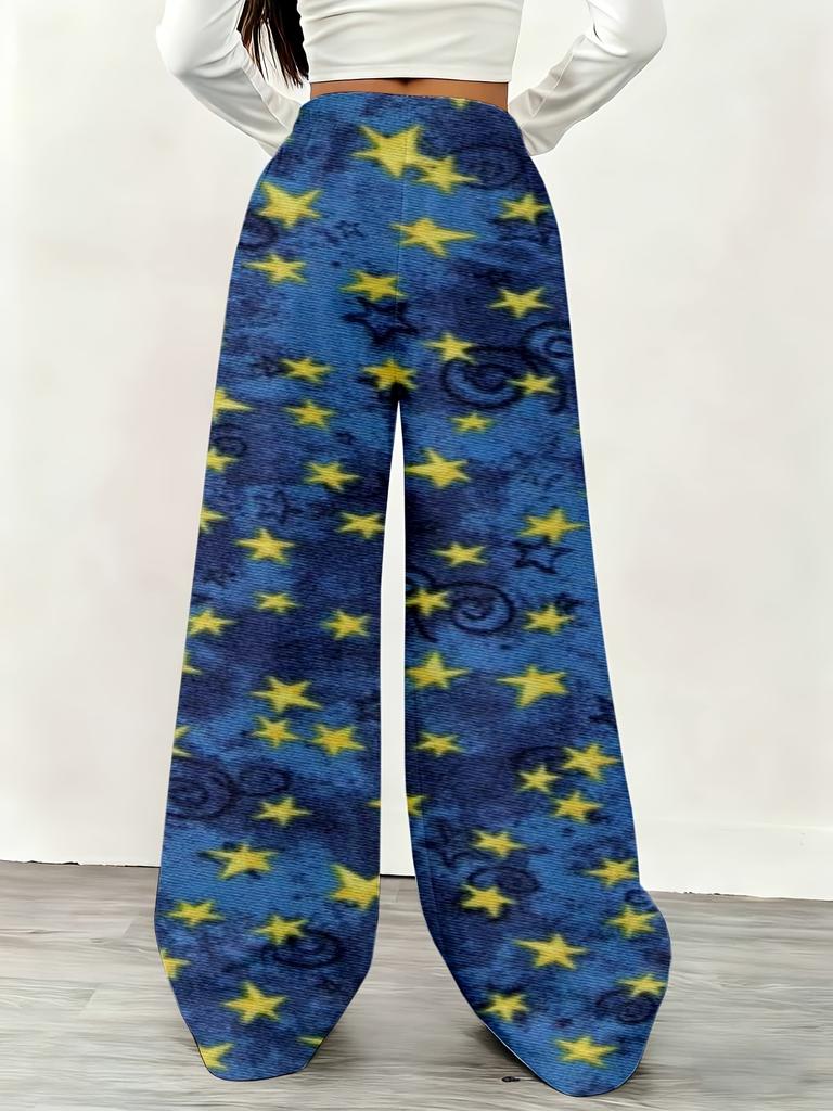 Women's Comfortable Wide-leg Pants with Blue and Yellow Star Print Design, Casual and Home Style