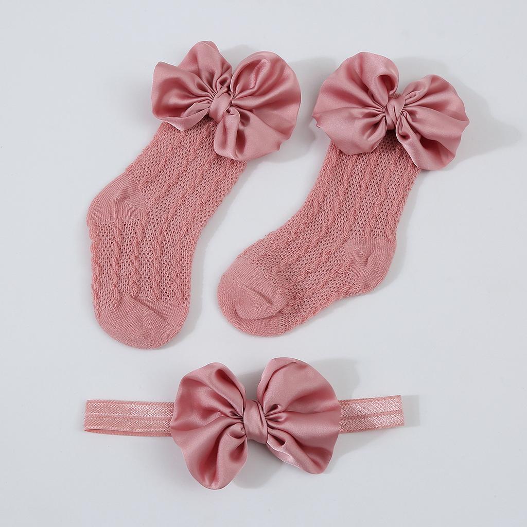 1Set Neugeborenen Big Bowknot Stirnbänder Aushöhlen Lange Socken Neue Baby Weiche Feste Prewalker Socke Mädchen Infant Gestrickte Haarband Socken