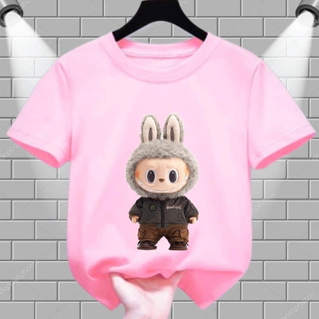 2025 Popular Children's Clothing Short Sleeved LABUBU Adventure Outfit Pattern Round Neck T-shirt Cartoon Style Girl's Top