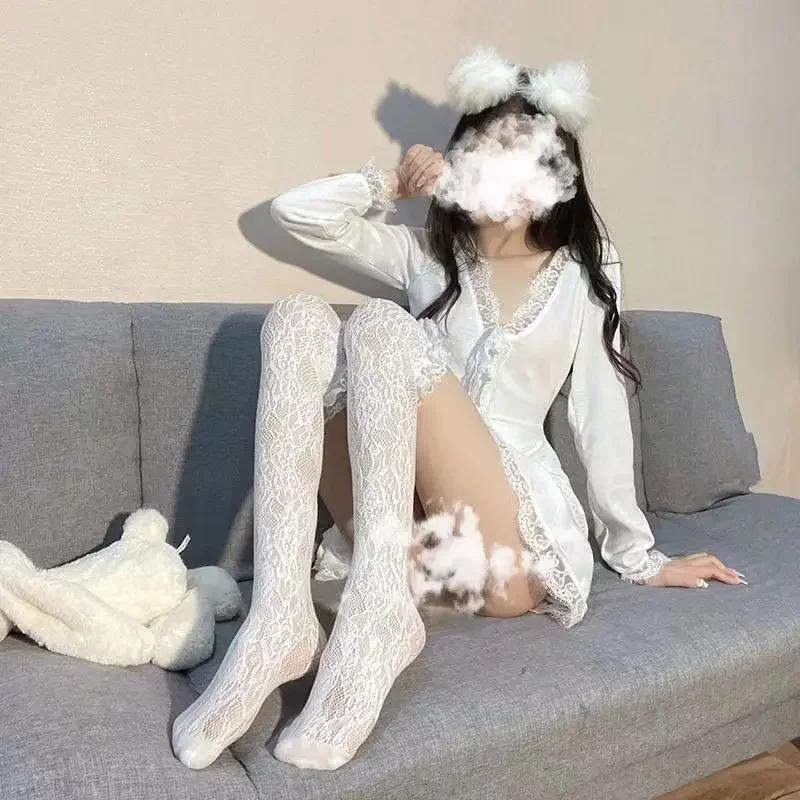 Women Sexy Lace Top Floral Rattan Fishnet Stockings Long Tube Mesh Over Knee Body Stockings Thigh High Hosiery Goth Long Socks