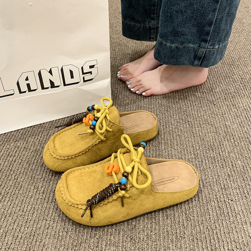 Retro baotou half slippers women's new thick-soled heightening one-pedal literary versatile shoes