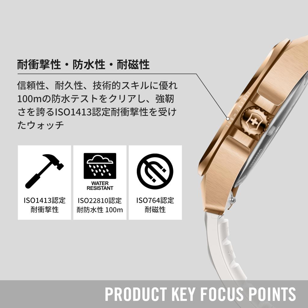 Victorinox I.N.O.X. Small Analog Watch, Waterproof, White Dial, White Rubber Strap, Rose Gold Stainless Steel Case (316L), Strap Replacement