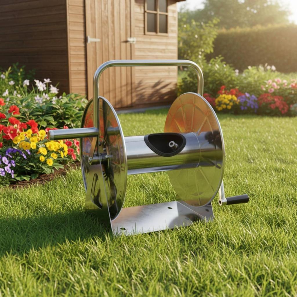Stainless Metal Hose Reel Large Capacity Effortless Cart Winding for