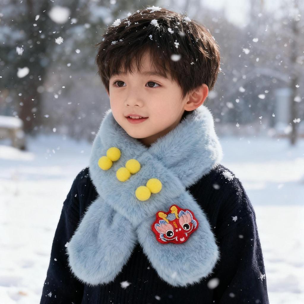 New Year Faux Rabbit Fur Children's Neck Gaiter - Thick, Warm, Cute, Unisex Scarf for Autumn and Winter