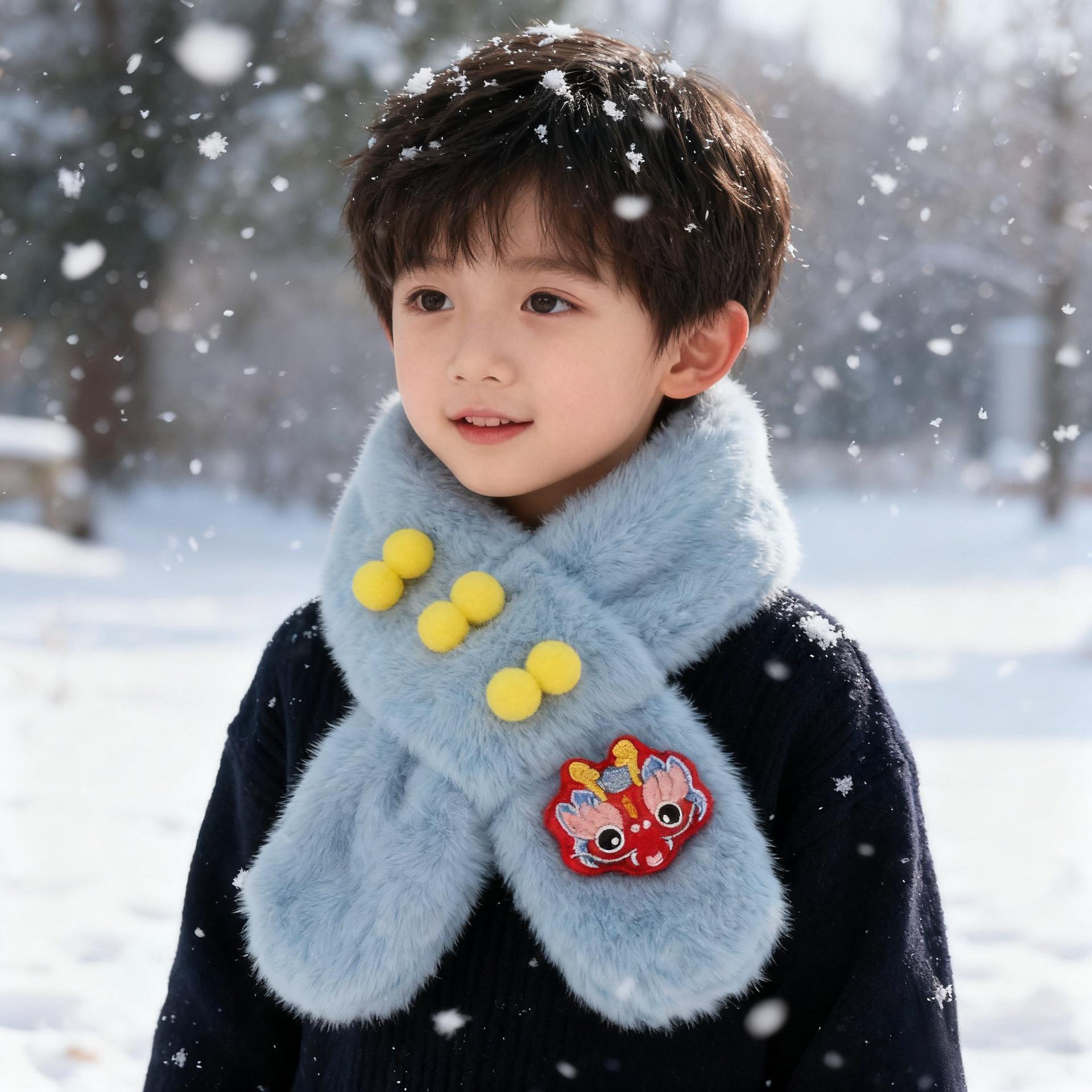 New Year Faux Rabbit Fur Children s Neck Gaiter - Thick, Warm, Cute, Unisex Scarf for Autumn and Winter