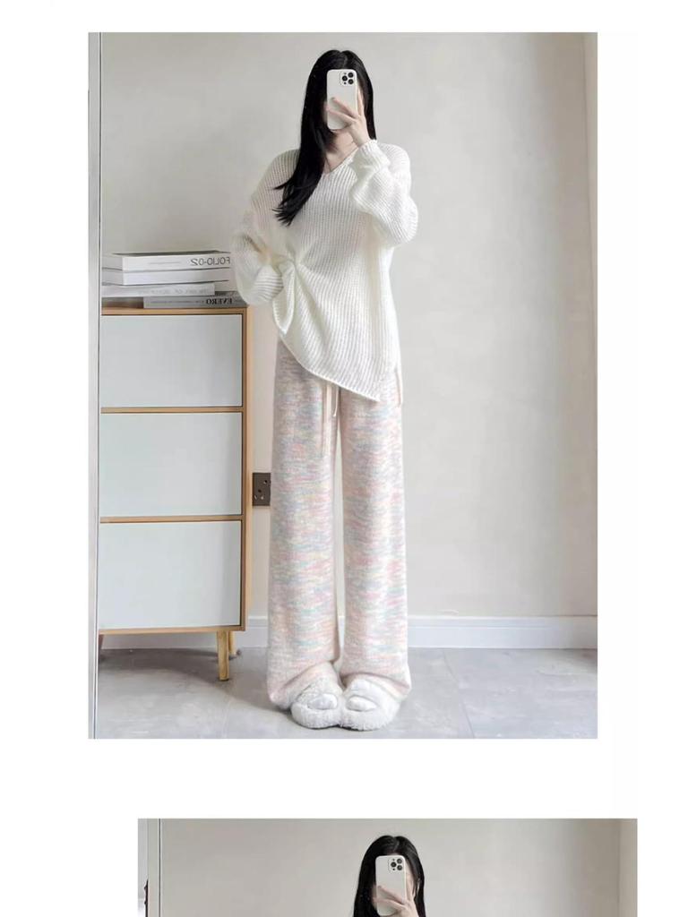 150 Rainbow Dots High-Waist Petite Knitted Wide-Leg Fleece Pants for Women