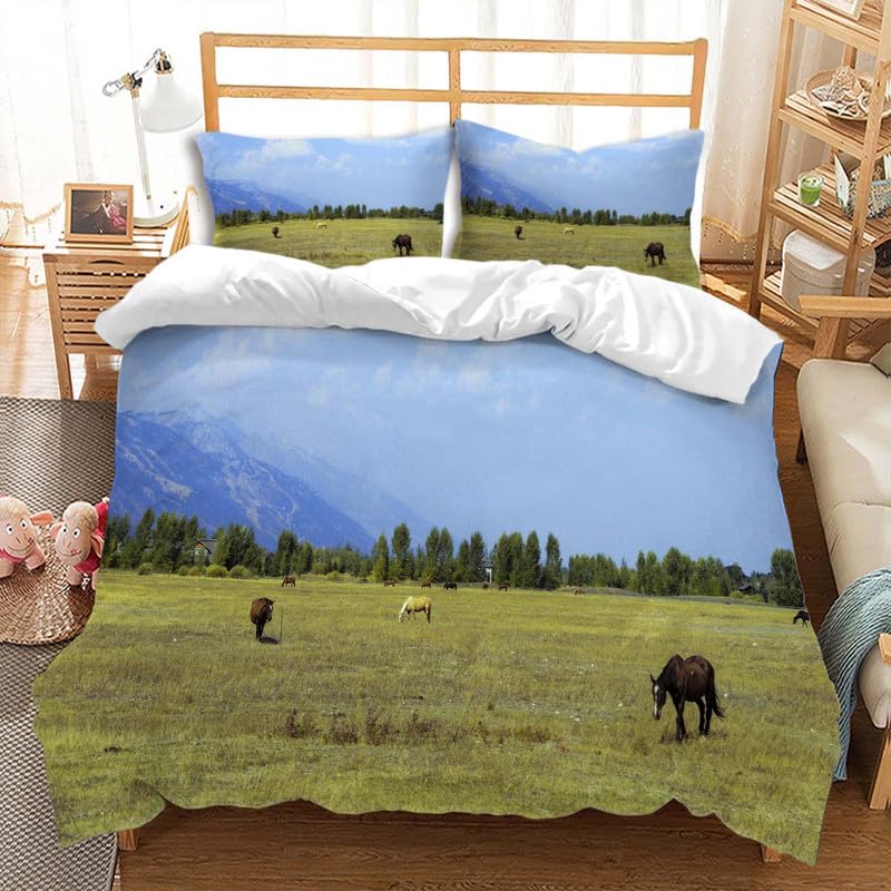Horse And Green Grass Duvet Cover Set For Kids Boys Girls Teens Lightweight Quilt Covers Spring Themed Bedding Set Bedroom Decor