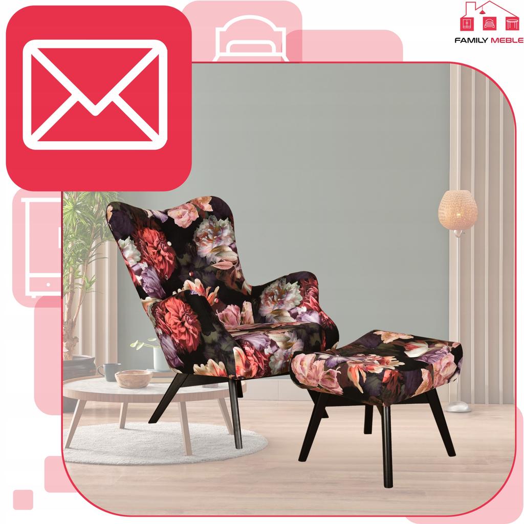 Fotel skandynawski Luna Print z podnóżkiem pufą Family Meble kwiaty piwonie