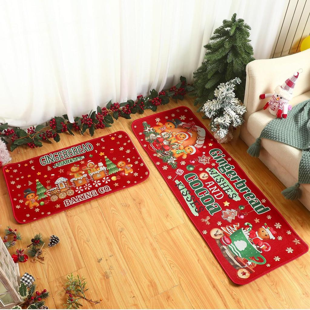 Christmas Kitchen Mat Household Kitchen Water-Absorbing And Dirt-Resistant Long Strip Two-Piece Set Foot Mat Decorative Floor Mat