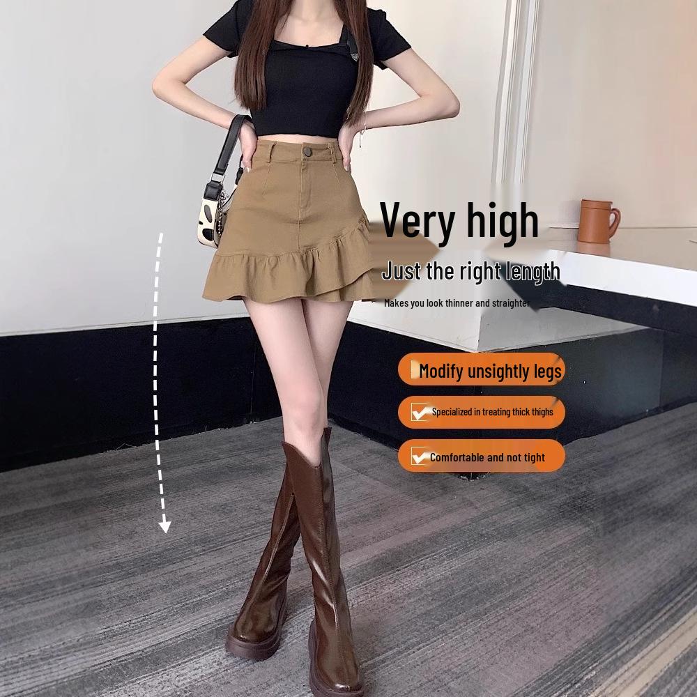 Damen Schwarzer High Waist A-Linien Midi-Rock mit Rüsche - Frühling/Sommer Schlankmachendes und Anti-Expositions-Design