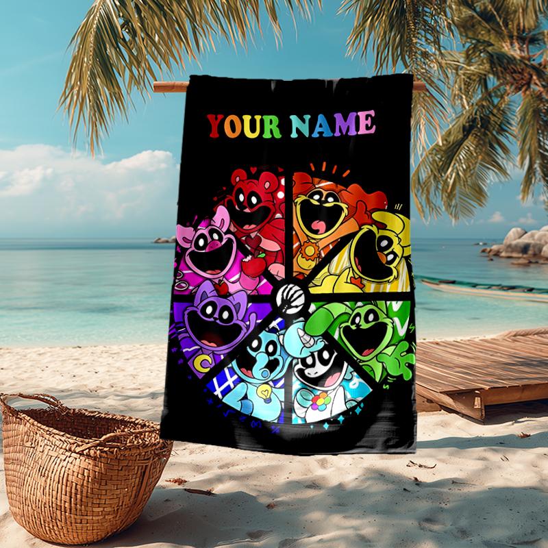 Custom Name Ultra-Soft Beach Towel with Smiling Critters Theme,Ideal for Pool - Camping, Diving - Perfect Travel Essential, Vibrant Beach Towel.