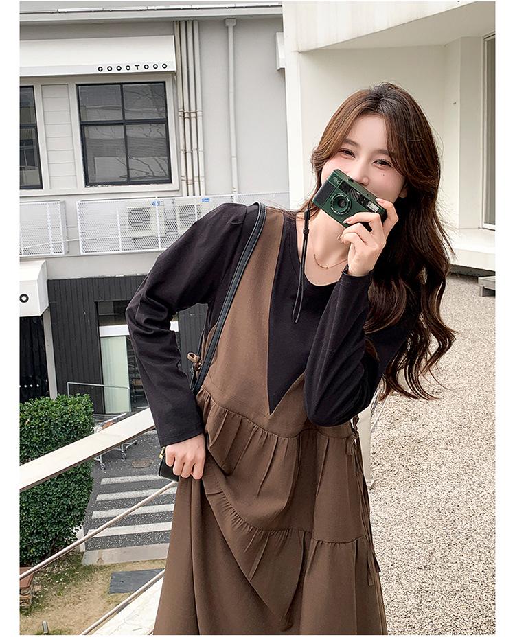 Khaki Faux Two-Piece Spliced A-Line Dress - Women's Mid-Length Spring 2025 French Sweet Style Pinafore Dress