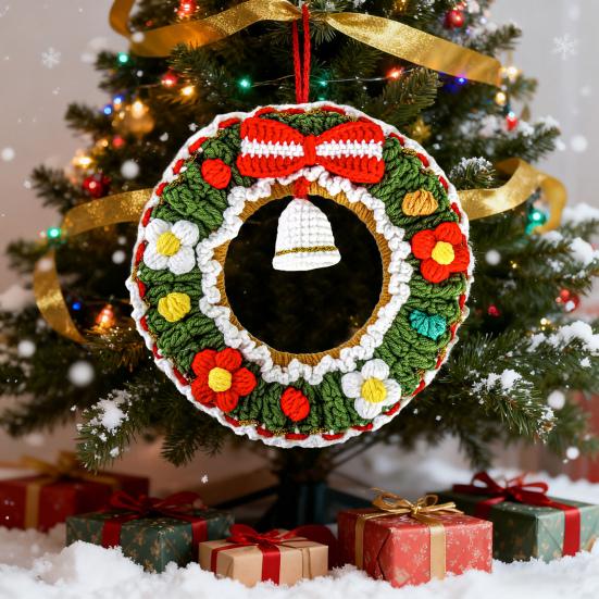 Crochet Christmas Wreath Ornaments Handmade Knitted Wreath Hanging Decoration with Bell for Xmas Tree Holiday Wall Home Decor