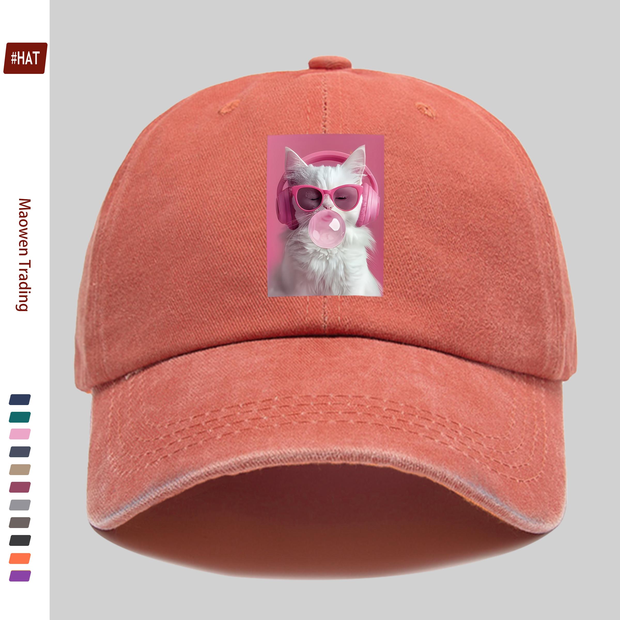 pc Printed Cat Wearing Pink Headphones And Glasses Blowing Bubblegum Pattern Baseball Cap Comfortable Casual Printed Design De 1pc