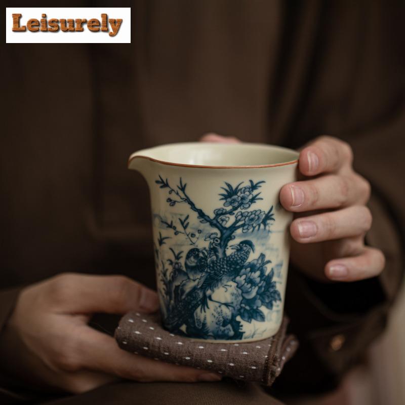 200ml Antique Ru Kiln Ceramic Fair Cup Cicada Wing Opening Golden Wire Tea Pitcher Flower Bird Justice Cup Tea Divider Teaset