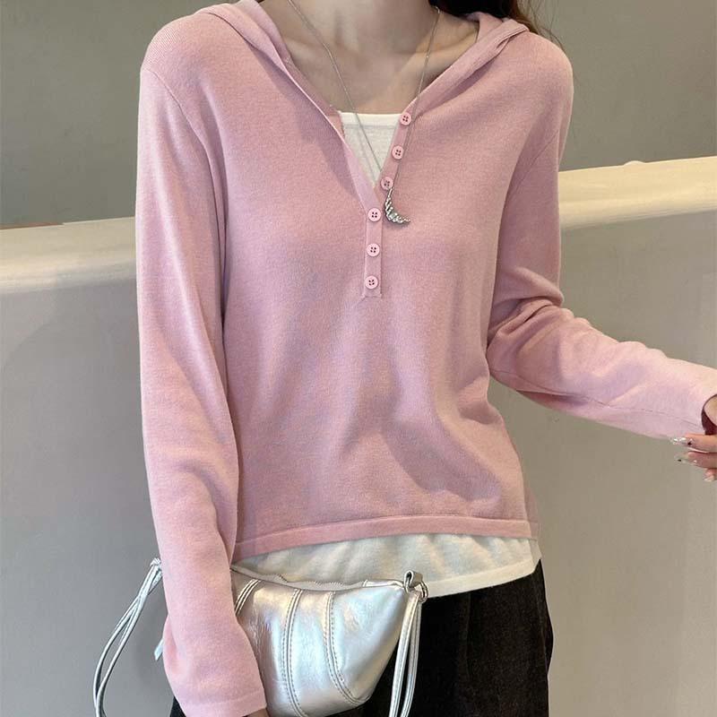 

Hooded half-placket slim-fitting knitted sweater top simple casual style fake two-piece head long-sleeved bottoming shirt autumn 120 розовый