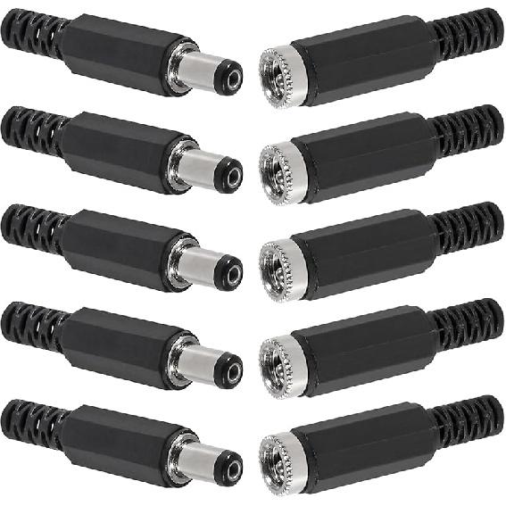 5Pcs Replacement Male Plug Power Supply Ends DC 5.5x2.1mm with 5Pcs 5.5x2.1mm DC Female Jack Solder Type DIY DC Barrel Connector Power Supply Socket Barrel DC Plug