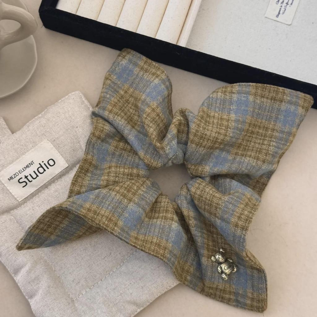 Korean Style Bear Plaid Scarf Hair Band & Ponytail Hair Tie Set