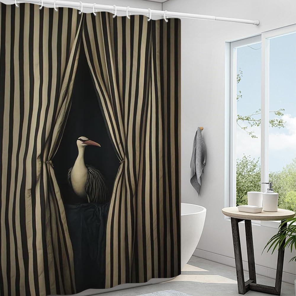 

Black And White Striped Elegant Bird Shower Curtain Funny Animal Artwork For Nursery Bathroom W60H190(CM)-1 Pcs