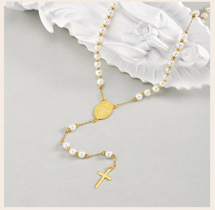 Collane Rosario con Perle e Croce per Donne, Collana Vergine Maria, Collana a Catena Y Crucifisso Cattolico Anti-appannamento