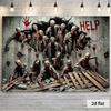 2D Flat Party Backdrop Banner - Halloween Zombie Breaking Through Wall with Blood & Concrete, Polyester Photo Background for Party & Photography