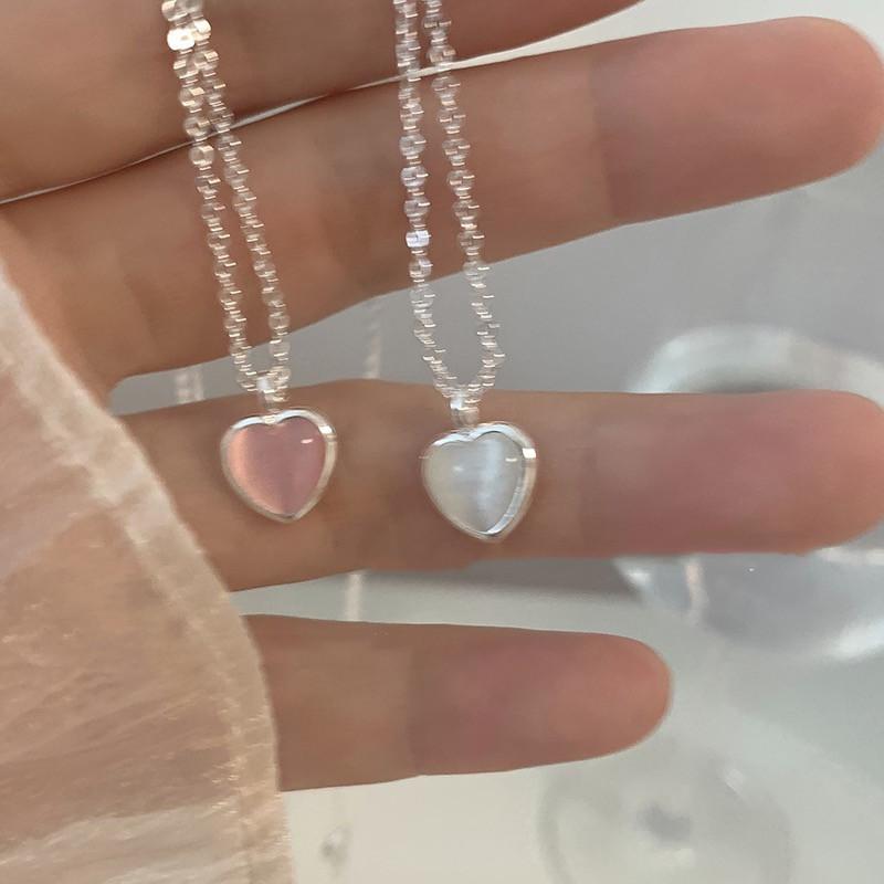 925 Silver Pink Cat Eye Stone Love Necklace For Women Sweet And Cute Heart-Shaped Collarbone Chain Wedding Jewelry